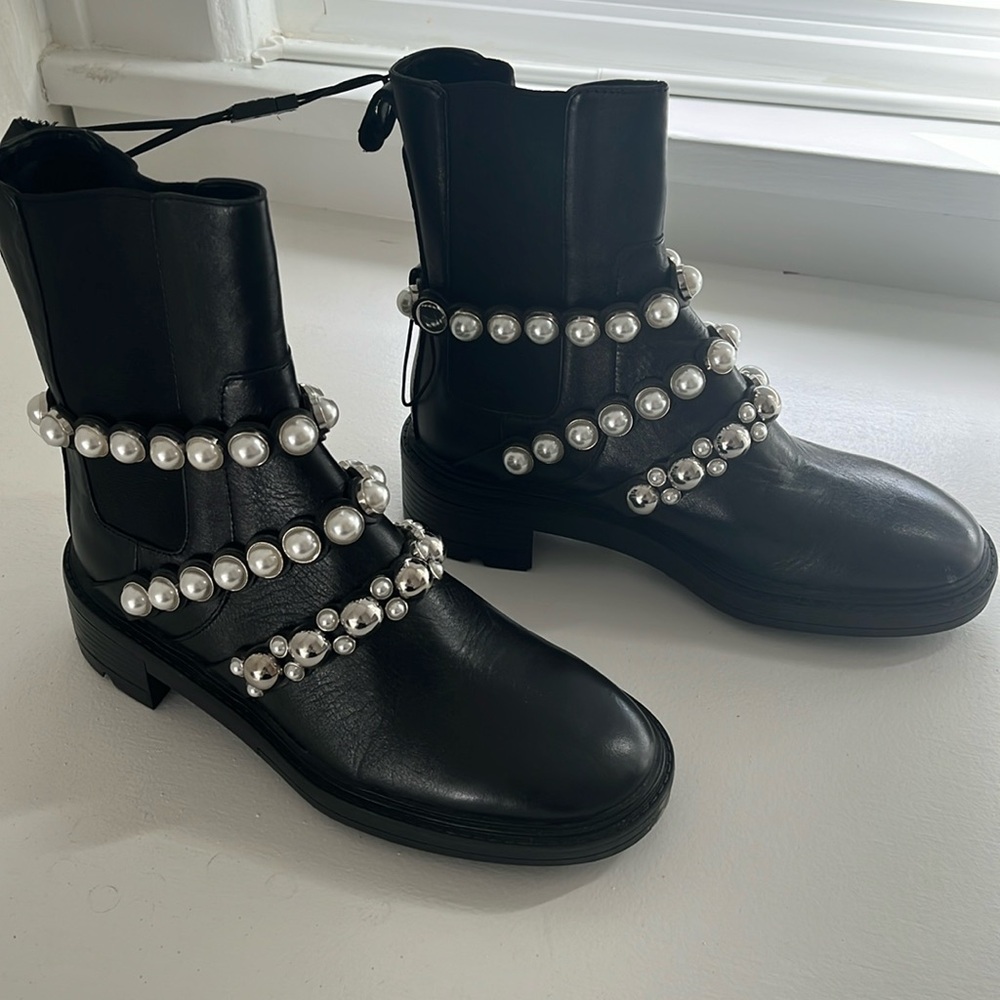Brand new Zara pearl embellished leather moto boots